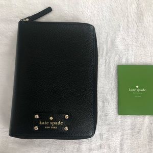 Kate Spade Wellesley Zip Around Planner Agenda Black Leather Pink Interior